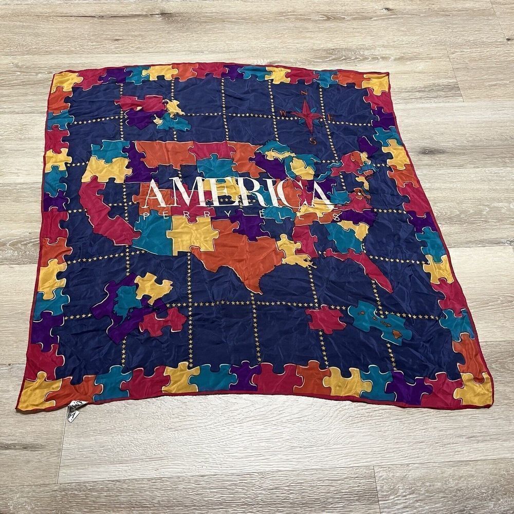 Vintage America Perry Ellis Multi-Color Puzzle Map USA Large Square Silk Scarf